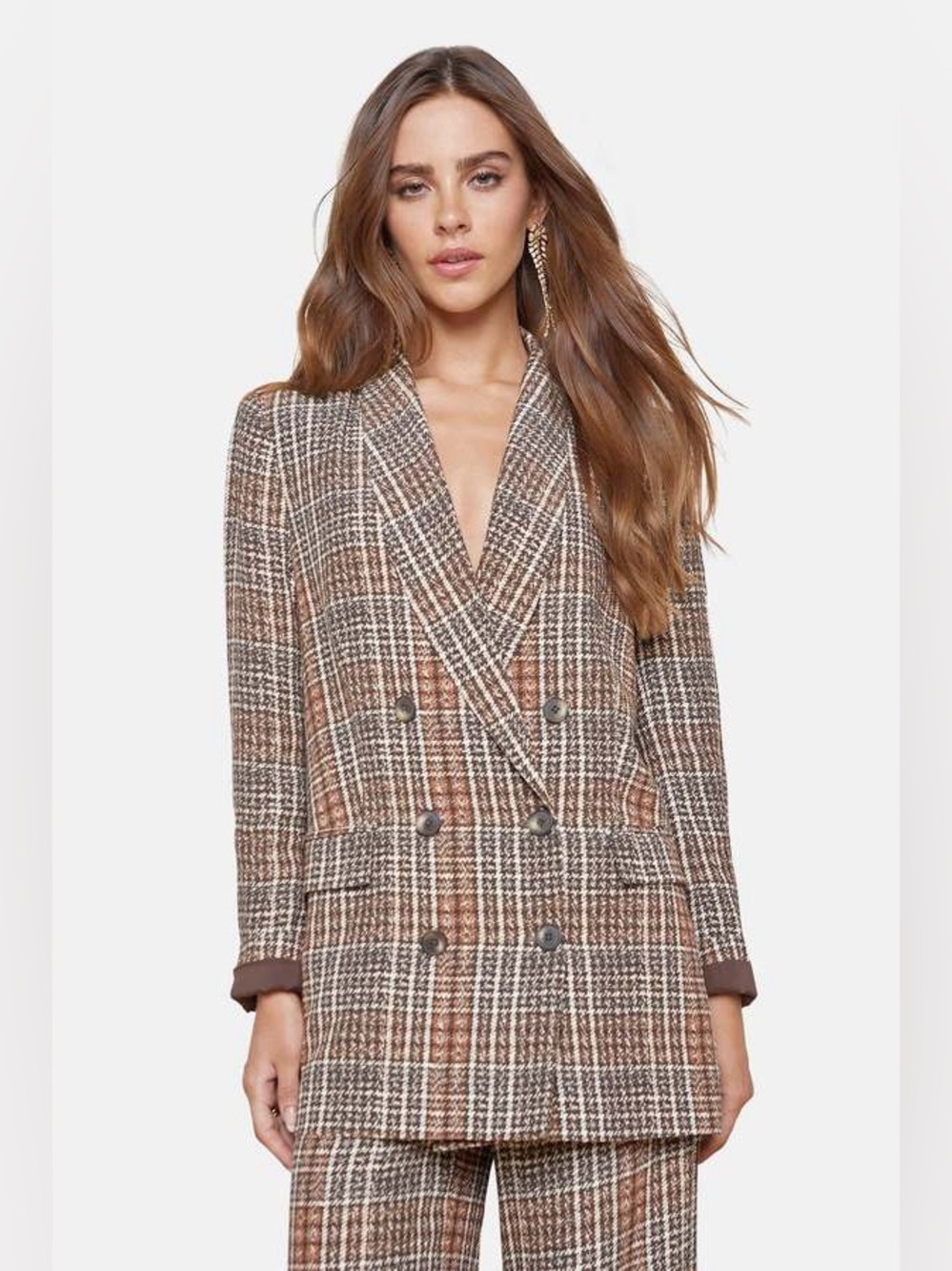 L'AGENCE Jayda Brown Plaid Print Double-Breasted Blazer